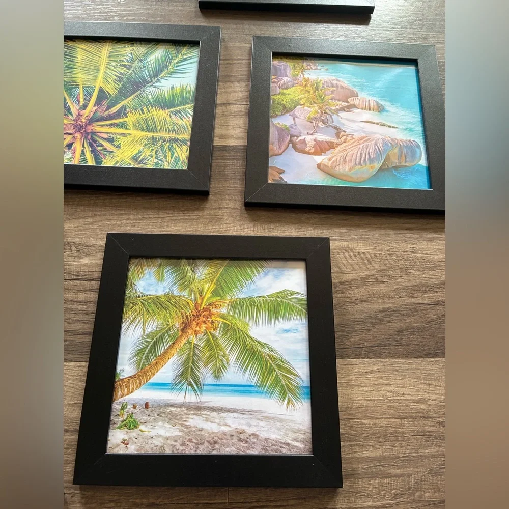 7x7 Beach Theme Pictures in Black Wood Frames Set of 12